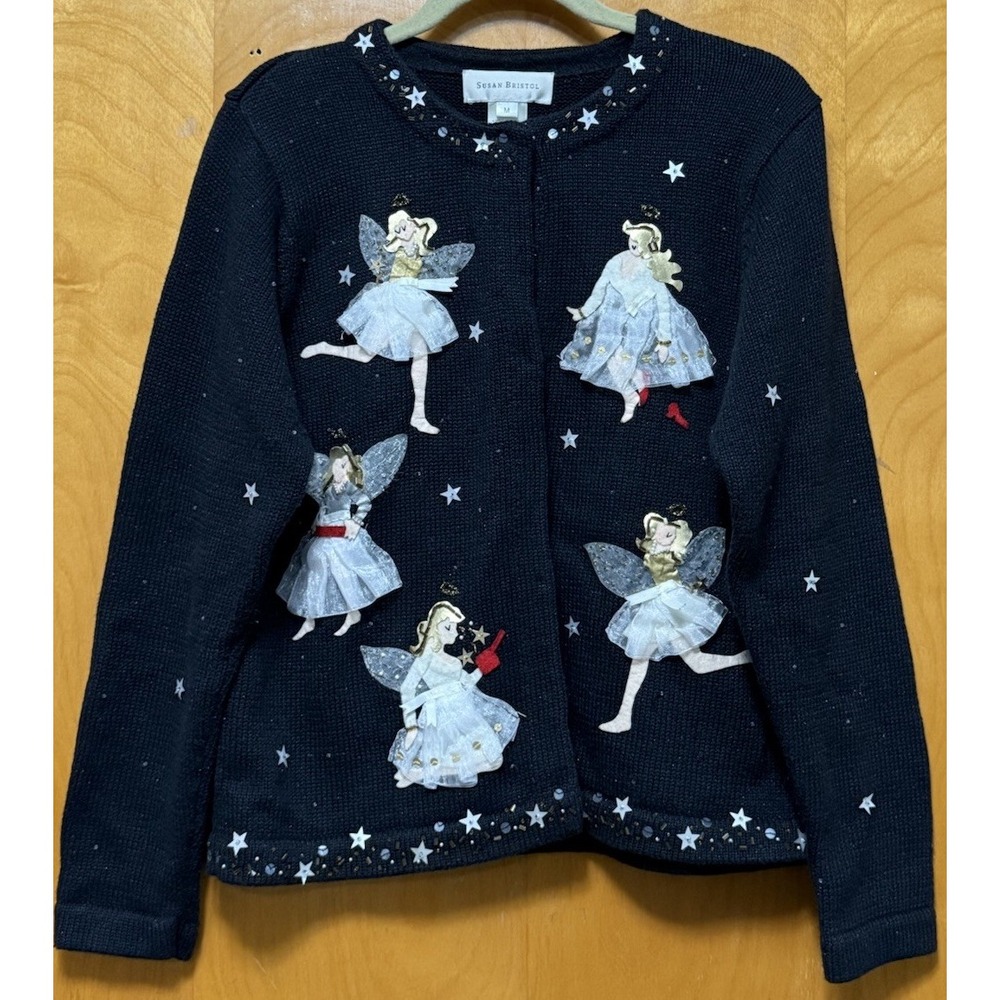 Susan Bristol Angel Sweater Cardigan Hand Crafted Snap Front Beaded Sparkle Sz M